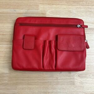 Levenger Red Pebbled Leather Purse Organizer Tech Pouch Travel Bag